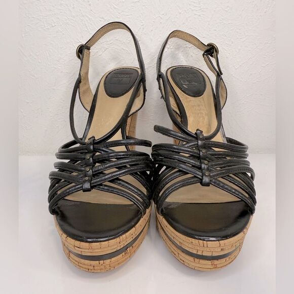 Frye Lena Black Woven Leather Slingback Platform Cork Heel Sandals 10 - Picture 2 of 8